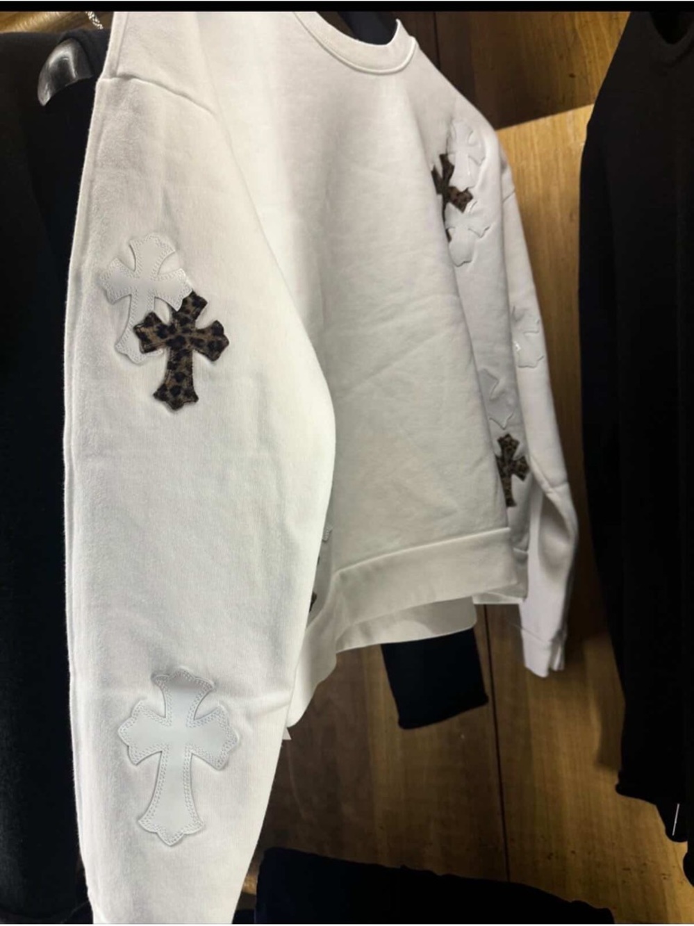 Chrome Hearts White Crewneck Sweatshirt with Leopard-Print Cross Appliqués